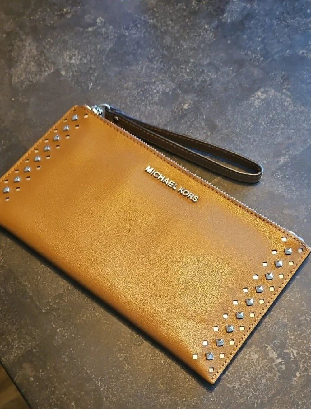 Michael Kors Camel Leather Wristlet with Silver Studs